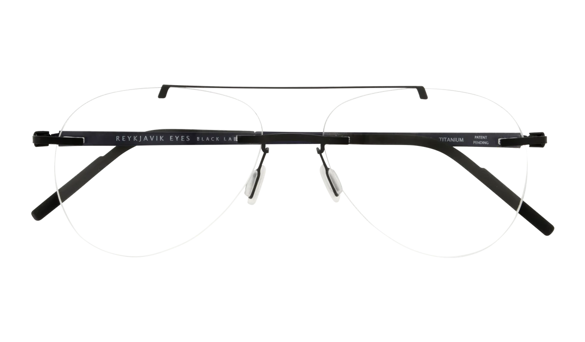 A pair of rimless, double-bridge aviator-style eyeglasses in black color with white accents.