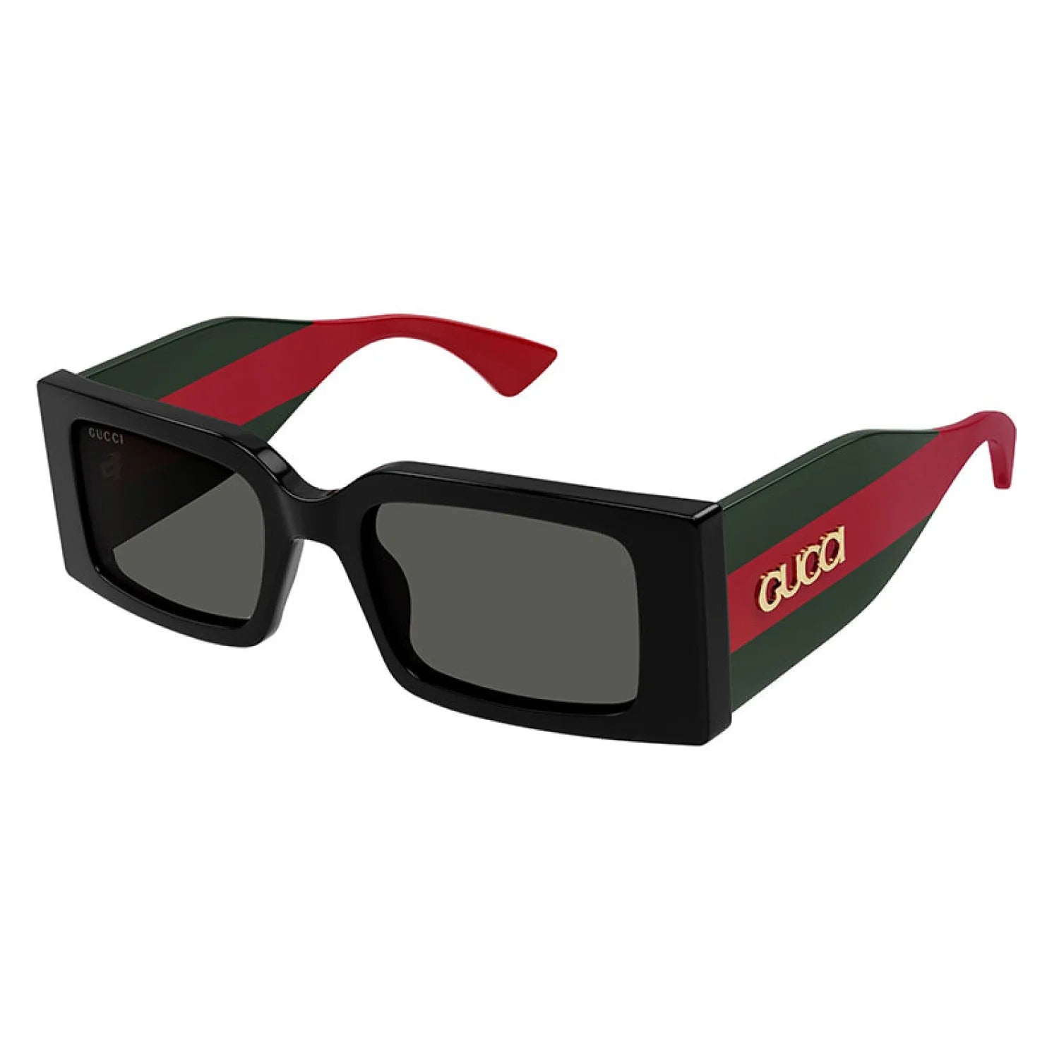 Sunglasses with black frame, red and green stripes, and 'Gucci' logo on a white background